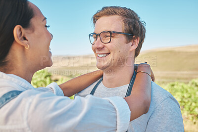 Buy stock photo Happy, couple love and smile on farm man and woman loving and bond together on wine field and agriculture. Interracial, green and vineyard male and female travel to holiday vacation trip in summer