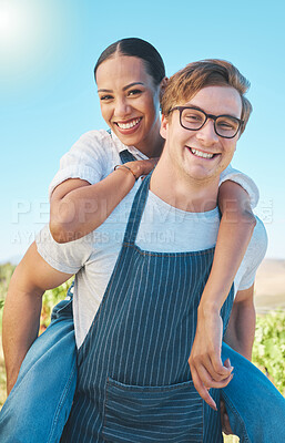 Buy stock photo Love, smile and happy farmer couple in countryside, nature park or farm with growth in spring garden portrait. Interracial man and woman have fun on relax, sustainability and agriculture date