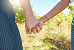 Love, support and couple of people holding hands in solidarity. Respect, trust and unity in relationship with partner. Woman and man happy with romantic and caring partnership together. 