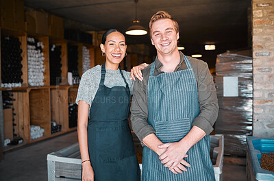 Buy stock photo Ceo, wine people or couple and store workers in their distillery cellar background. Portrait, man and woman winery employees with happy smile working at warehouse, factory or vineyard industry

