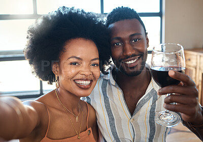 Buy stock photo Couple selfie for social media to celebrate with wine glass, champagne and alcohol drinks for happy relationship on date together in a cafe restaurant. Portrait of love, relax and smile black people