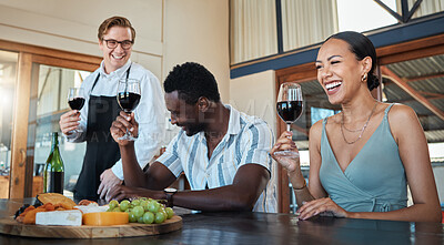 Buy stock photo Waiter, diversity friends or wine tasting farm with red alcohol drink glass on countryside restaurant. Happy smile or learning couple bonding or laughing with winery server on sustainability vineyard