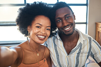 Buy stock photo Couple, people and black woman and man in a selfie portrait on a lovely, happy and beautiful date together. Smile, romantic and young boyfriend and girlfriend taking pictures for social media content
