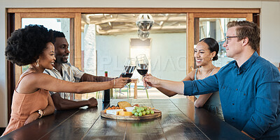 Buy stock photo Double date of couples having dinner together and drinking wine at a restaurant celebrating and having fun. Romantic group of friends enjoying a lunch date in celebration of their love