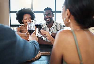 Buy stock photo Friends, wine and food of couples having dinner together or double date, drinking wine at a restaurant. Romantic group at a restaurant having fun and enjoying a lunch in celebration for their love.