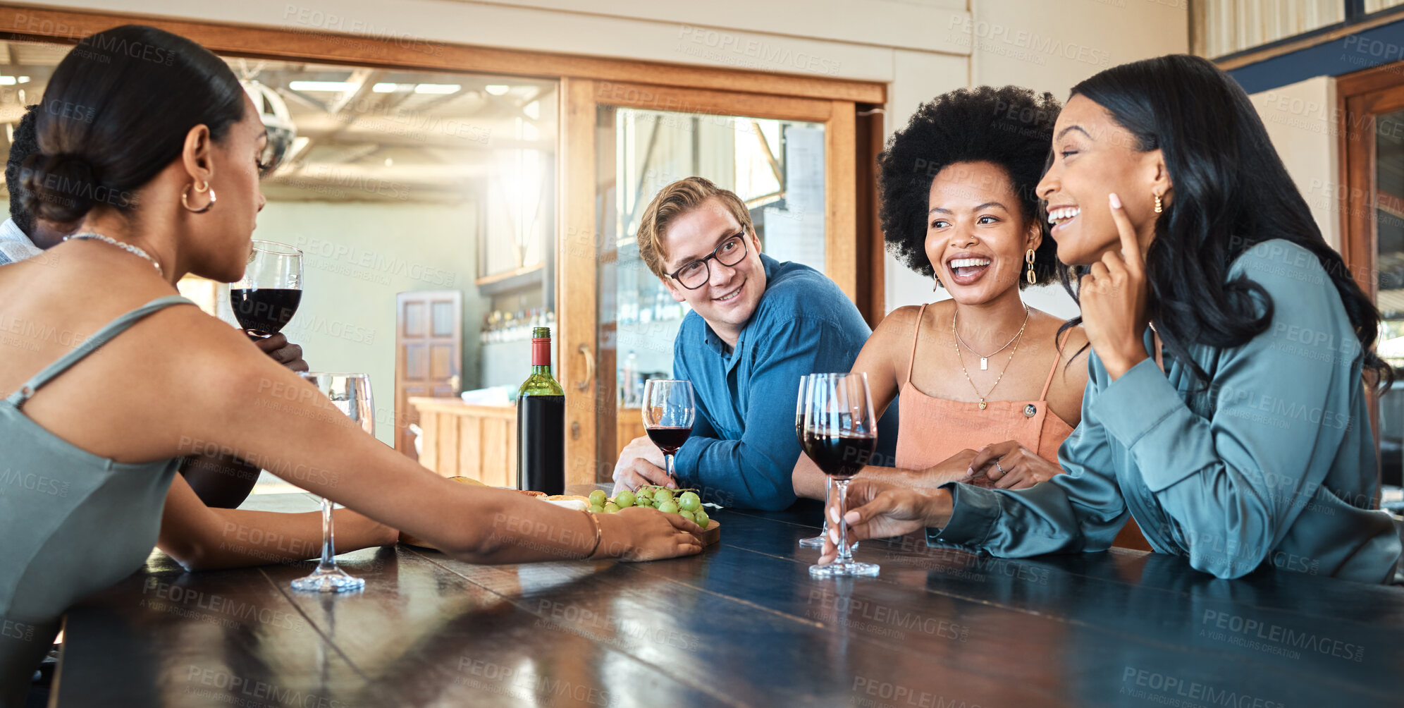 Buy stock photo Social friends drinking wine, relaxing and talking together in a restaurant for fun, reunion and happy bonding. Diversity of smile people enjoying conversation, food and drink at a dining party