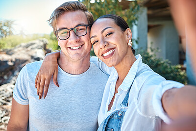 Buy stock photo Selfie of interracial couple in love, smile and romantic date with care, bond and relax in summer outside. Portrait of happy boyfriend and girlfriend on holiday with special vacation photo together