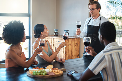 Buy stock photo Wine tasting with friends and professional waiter explain the blend and flavor of red wine. Couple enjoying a drink, learning about wine making process at a restaurant with happy winemaker