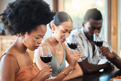 Buy stock photo Friends red wine tasting fine dining experience at a vineyard restaurant for about us and hospitality. Group of black people glass of luxury, quality alcohol drink in a winery business or industry