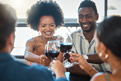 Buy stock photo Cheers, celebrating and winning friends drinking wine together at a dinner celebration in a restaurant. Double date of loving and romantic couples dining and having fun on a weekend