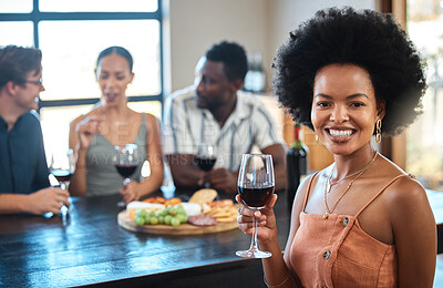 Buy stock photo Portrait of a woman at a cheese and wine event with diverse friends at a modern restaurant. Happy girl having fun and holding a luxury glass of an alcohol for a toast at the table of a formal party.