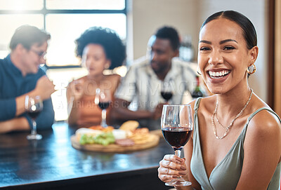 Buy stock photo Social, happy and wine of a woman with a glass of alcohol at a dinner table with friends in a restaurant. Young female with smile in luxury fun dining with people at a celebration or  event indoors.
