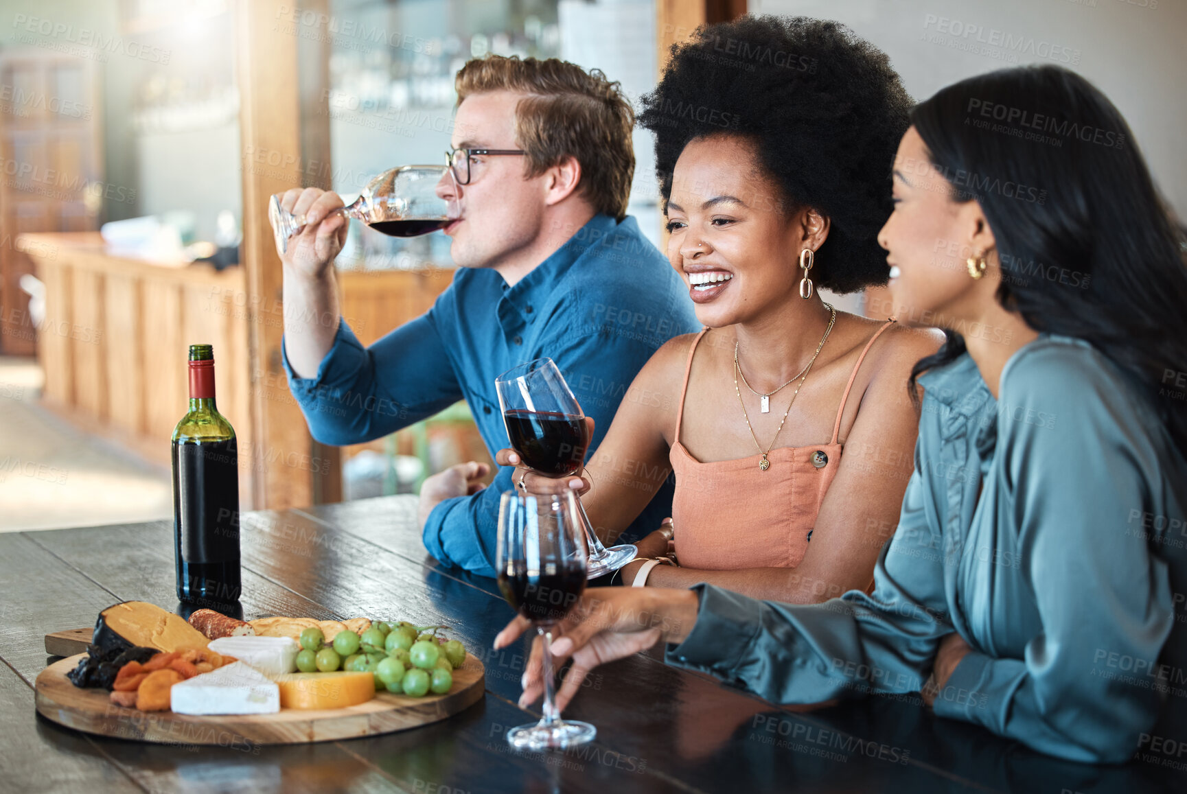 Buy stock photo Wine party, friends and happy luxury tasting with healthy organic fruit with cheese and alcohol on a food table. Smile, diversity and young group of people in discussion at a relaxed dining event.
