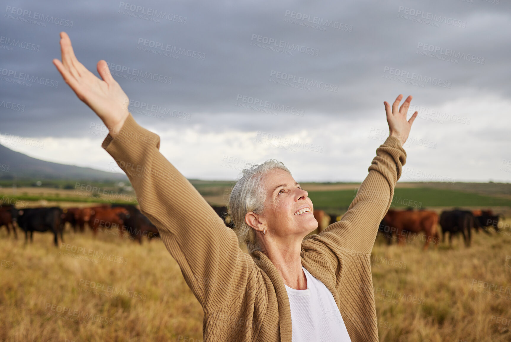Buy stock photo Sky, freedom and relax woman on countryside farm field standing on earth, field and grass with positive energy, wellness and peace. Nature, happy and smile on spiritual farmer girl looking at heaven