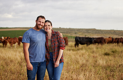 Buy stock photo Farmer couple working on cow farm in the countryside for meat, beef and cattle food industry on sustainability field, agriculture environment and nature land. Portrait of happy people farming animals