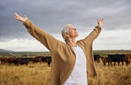 Happiness, freedom and mature woman looking free in nature with cows and grey sky background. Elderly happy senior relax with open arms in a countryside field with a smile and a positive mindset 