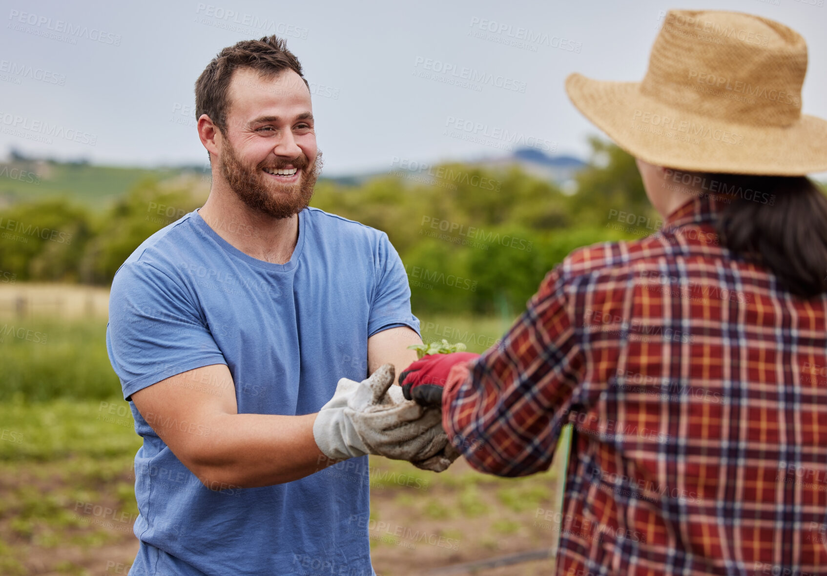 Buy stock photo Sustainability farmer, agriculture plant and accountability growth mindset couple with on a farm, countryside field or nature. Happy man and woman with smile or eco environment garden farming workers