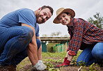 Couple working with garden plant on field ground with sand, soil and nature environment for sustainability agriculture in countryside. Portrait of happy farm worker with growth of vegetable gardening