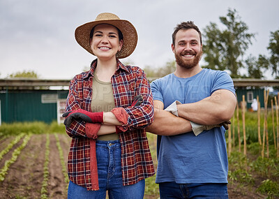 Buy stock photo Couple working on garden, field and nature environment for plant growth, sustainability agriculture and green farming in countryside. Portrait of happy, smile and success farmer  gardening on land