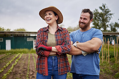 Buy stock photo Sustainability, agriculture and farmer couple on a farm growing vegetable crops, enjoying a clean eco friendly environment. Happy rustic people, man and woman with vision for sustainable development