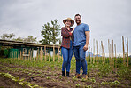 Couple working on garden, field and environment for plants, sustainability agriculture and green farming in countryside. Portrait of happy, smile and success farm worker gardening vegetable on land
