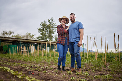 Buy stock photo Couple working on garden, field and environment for plants, sustainability agriculture and green farming in countryside. Portrait of happy, smile and success farm worker gardening vegetable on land