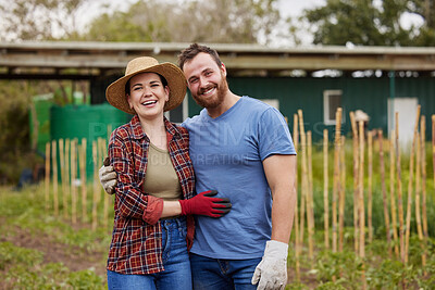 Buy stock photo Farmer couple, fresh produce and portrait with garden for healthy lifestyle. Happy people in a relationship who love nature and gardening. Sustainability and eco friendly man and woman in backyard. 