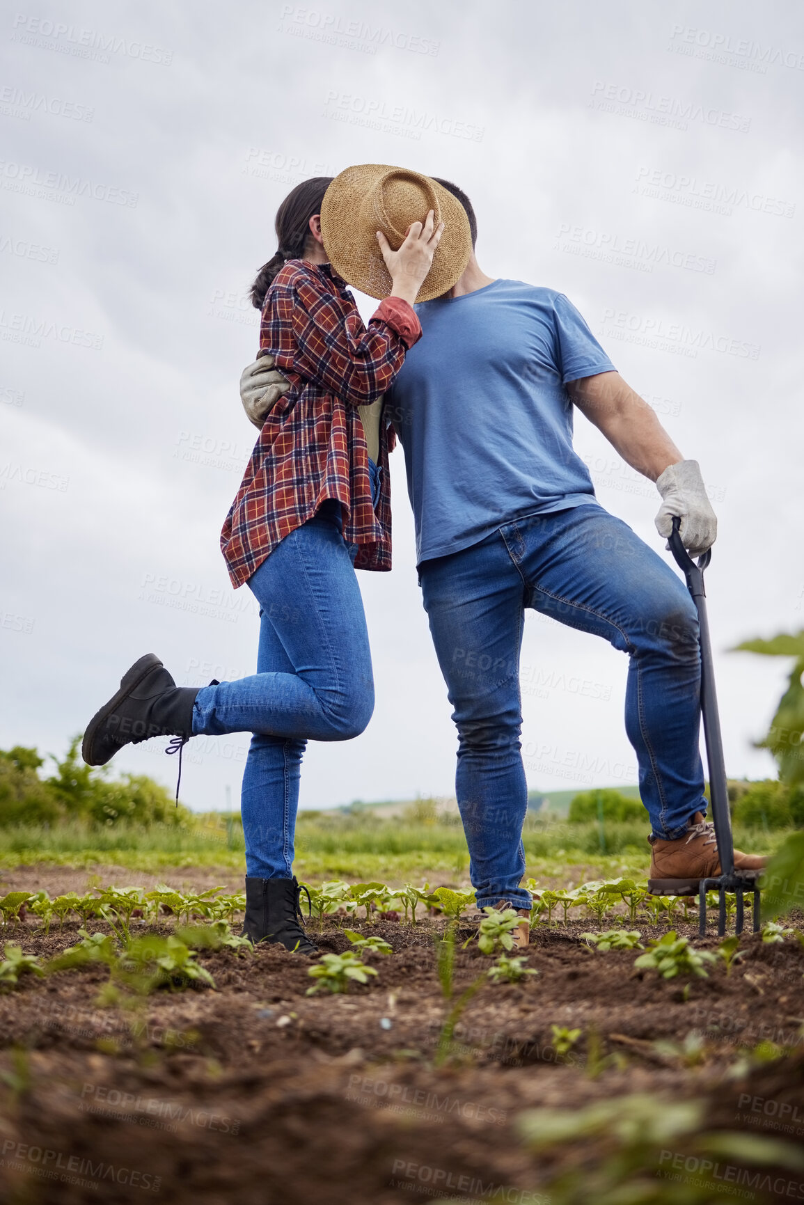 Buy stock photo Farmer, love and couple kiss hiding with a hat on agriculture, sustainability and green farm showing new growth on soil. Environment, farm or countryside garden man and woman working on healthy earth