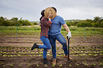 Couple kiss, agriculture farmer or garden worker on countryside field, sustainability nature or growth landscape. Bonding, romantic and fun man and woman working with environment plant and earth soil