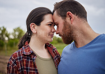 Buy stock photo Love, freedom and happy couple in countryside, nature park or farm with field growth in spring environment. Man, woman and romance on a relax, sustainability and agriculture farmer date