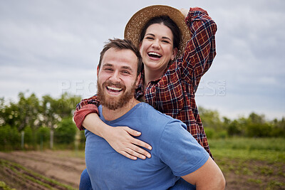 Buy stock photo Couple, love and sustainability with a man and woman together on a farm in the agriculture industry. Portrait of a farmer working in a field for sustainable, zero waste and eco friendly farming