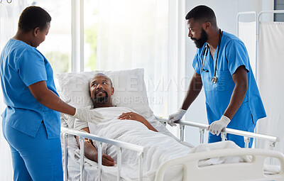 Buy stock photo Doctor, nurse and healthcare team consulting man patient before a health check or surgery. Hospital or medical clinic help consulting about medicare insurance, cardiology advice and medicine pills