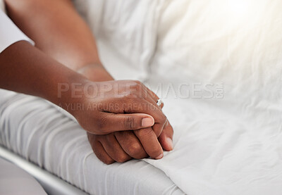 Buy stock photo Hospital, family and support with hands in love and trust for a patient. Closeup of friends dealing with medicine, healthcare or mental health. Death, pain or fear with medicine or care in a clinic