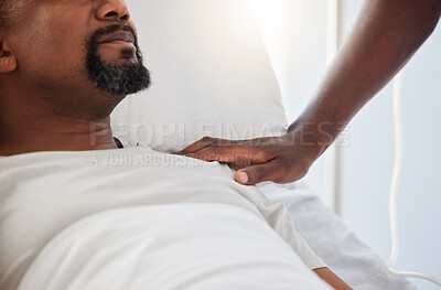 Buy stock photo Sick, ICU or ill man lying on a hospital bed with support and care from a person inside. Closeup of an African American male patient getting medical treatment or aid for an emergency or cancer