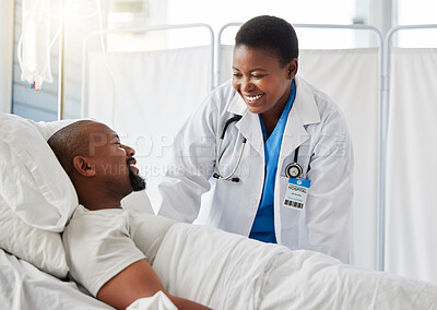 Buy stock photo Healthcare doctor, insurance, and patient in bed talking of medical health surgery in hospital or clinic. Trust, care and help checkup by a happy, woman cardiologist worker consulting a sick person
