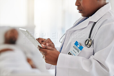 Buy stock photo Health, insurance and medicine with a doctor typing on a digital tablet, writing online prescription. Healthcare professional using app on the internet while doing telemedicine in a hospital