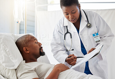 Buy stock photo Hospital, consulting doctor and patient in bed for check up. Diagnosis, medicare and medical aid or insurance for prescription. Professional healthcare worker talking about surgery procedure.