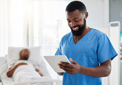 Buy stock photo Smiling surgeon reading email about patient health and insurance plan in a hospital. Discovery, innovation and medical breakthrough with happy black doctor reading digital tablet, getting good news.