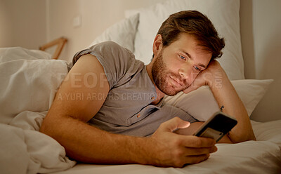 Buy stock photo Insomnia, bored and social media in bed to destress and calm. Sleeping problems, anxiety and depression or smartphone addiction. Mental health issues or cheating online with mobile app.