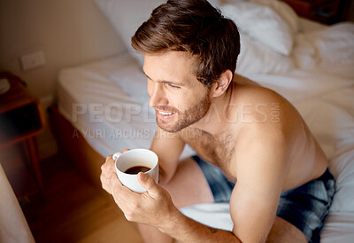 Buy stock photo Relax, bedroom and happy drinking tea or coffee man with smile sitting, smiling and thinking on bed in the morning. Portrait of male looking out window in home, house or apartment room on weekend. 