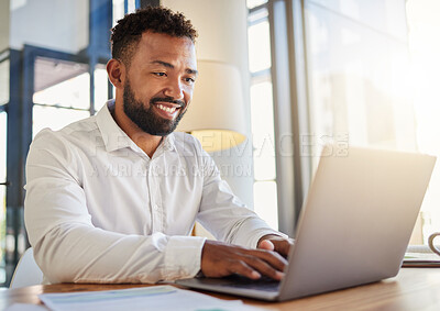 Buy stock photo Laptop, business and technology with a corporate man at work on a computer at his desk in an office. Innovation, mission and vision with an employee working with motivation and focus toward a goal. 
