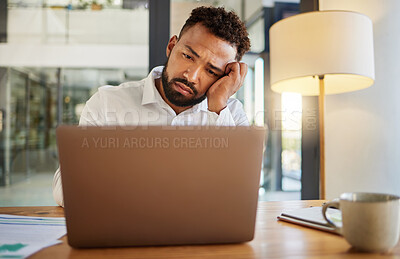 Buy stock photo Stress, burnout and sad eyes of businessman on laptop working late on an email at house or home. Headache, mental health and disappointed worker working on finance, accounting or financial tax
