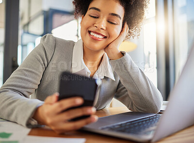 Buy stock photo Phone, communication and networking with a young woman, startup entrepreneur or small business owner browsing the internet. Reading social media, staying connected and managing her company online