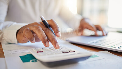 Buy stock photo Finance, accounting and fintech, a man on a computer and calculator working out his business budget strategy. Businessman at his office desk, laptop, money management and financial investment online.