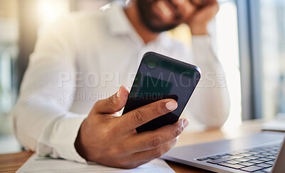 Buy stock photo Phone, communication and networking with a mobile in the hand of a business man in the office. Contact us, social media and cellphone technology for conversation, connectivity and the internet