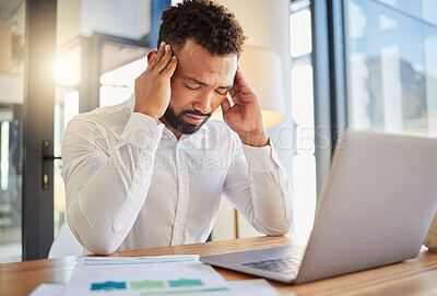Buy stock photo Stress, burnout and headache businessman on laptop with error, problem or frustrated job for work mental health awareness with lens flare. Tired, depressed manager at web tech company with lens flare