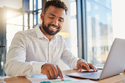 Buy stock photo Stock market, accounting and fintech business man happy with company profit and statistics analysis data. Smile of a corporate accountant working on a laptop with financial software app and paperwork