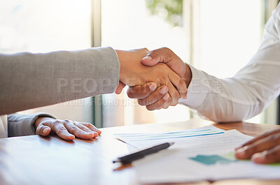 Buy stock photo Teamwork handshake, success deal or thank you in office support, trust or motivation after b2b collaboration business meeting. Ceo manager or partnership people in welcome and strategy paper contract