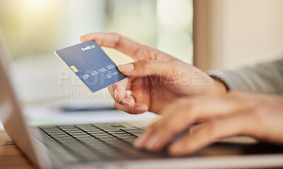 Buy stock photo Ecommerce, fintech business woman with credit card and laptop doing online shopping, banking or online payment. Corporate hands, finance digital banking software and security information technology
