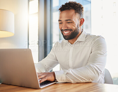 Buy stock photo Happy business manager on laptop typing an email announcement for success or project management strategy online in office. Corporate professional smile for new website design at company startup